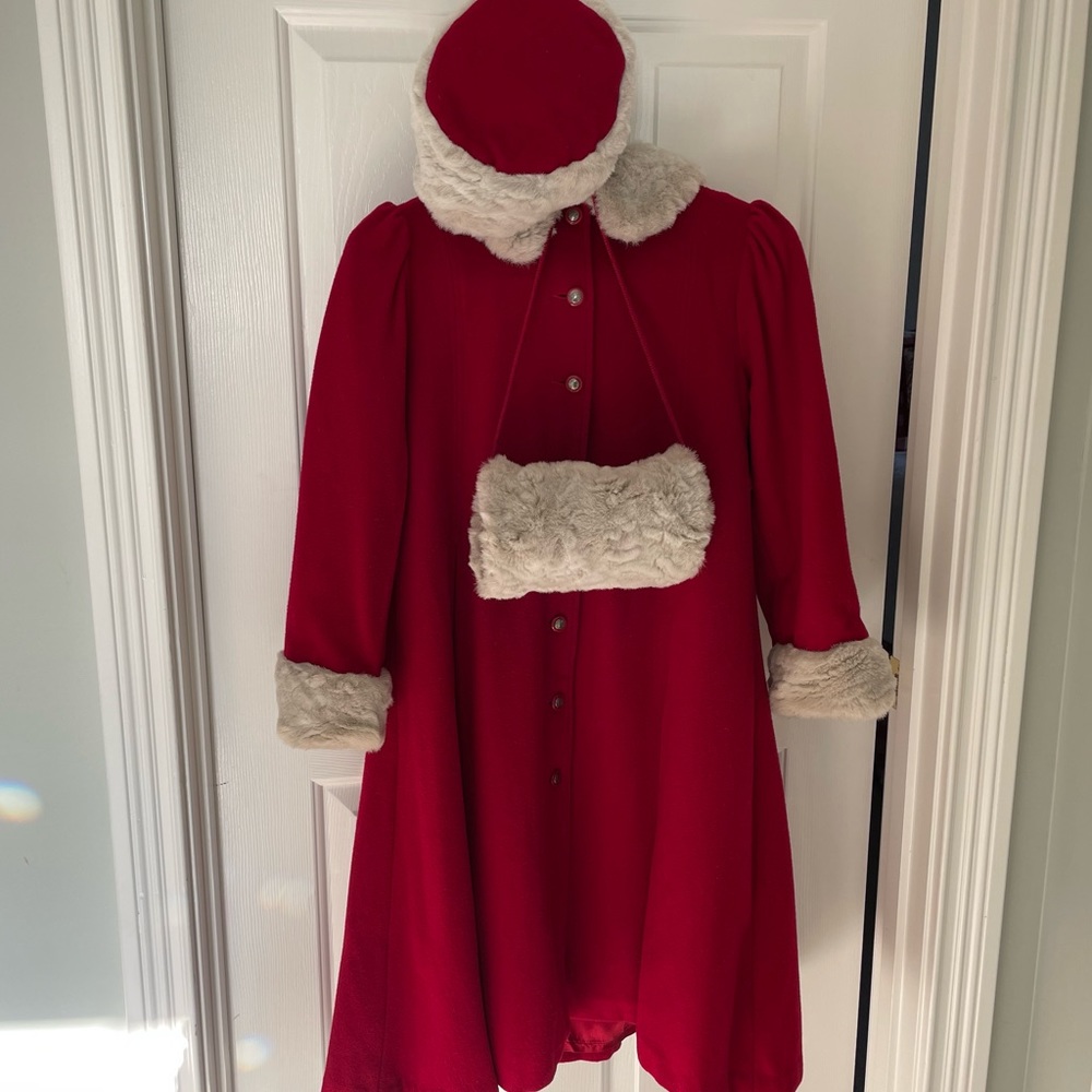 Gorgeous girls red wool coat, hat and muff.Sarah Louise